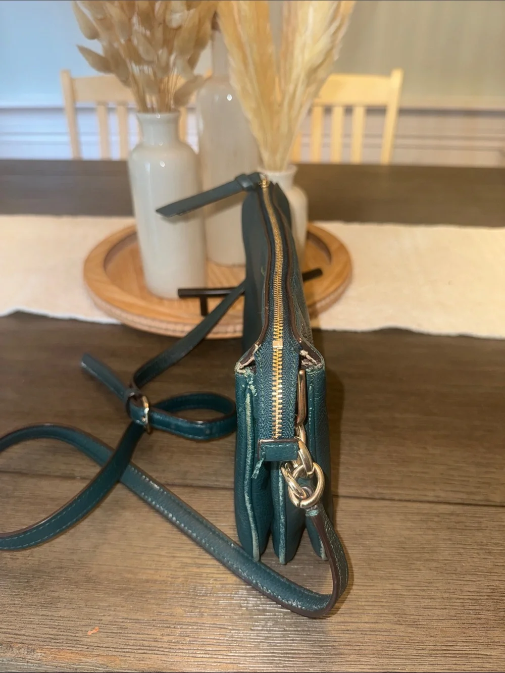 kate spade Teal Pebbled Leather Double-Zip Crossbody with Gold Hardware